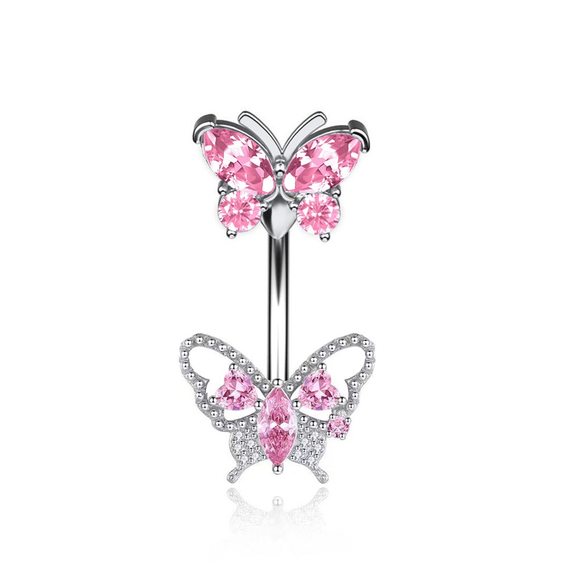 Piercing de nombril en acier inoxydable papillon et zircon rose_voghion.com