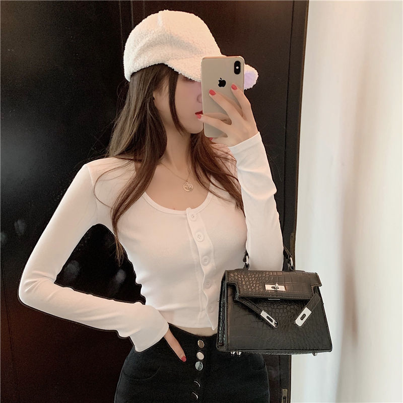 Ins Autumn and Winter High Waist Short Navel Tight Cardigan Long-sleeved T-shirt Women's Single Row Button Slim-fit All-match Base Top Ins Autumn and Winter High Waist Short Navel Tight Cardigan Long-sleeved T-shirt Women's Single Row Button Slim-fit All-match Base Top