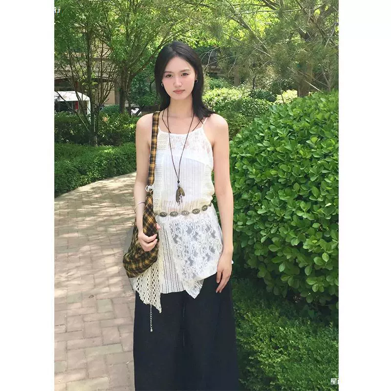 Кружевное белое платье на подтяжках, универсальная летняя многослойная занавеска неправильной формы.