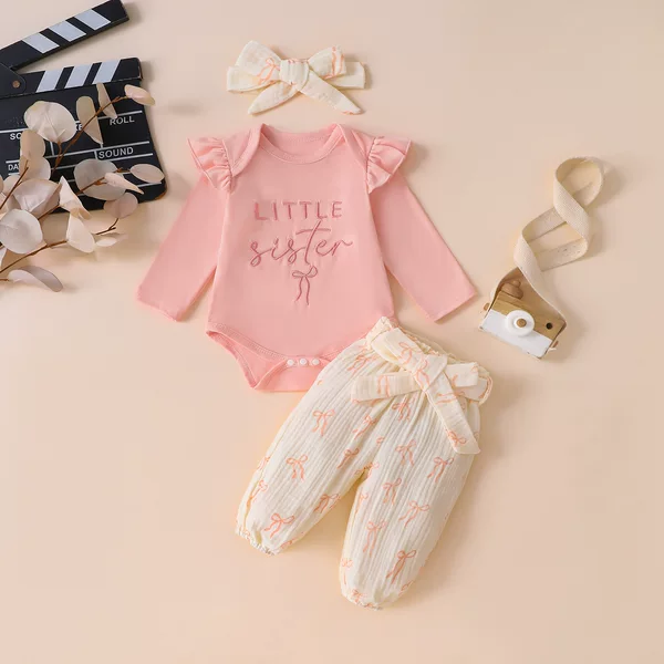 Yt2927B Baby Autumn Outfit Set for Girls, Long-Sleeved Jumpsuit + Long Pants, Cute Little Sister Print Two-Piece Set