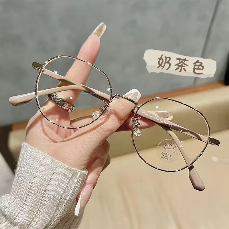 韩系显白奶茶色眼镜框女可配近视板材素颜文艺小圆框金丝眼睛镜架