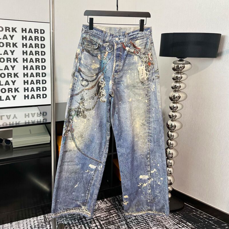 Correct Version Ac Unisex 3D Printed 1981m Classic Straight Loose Baggy Chain Jeans