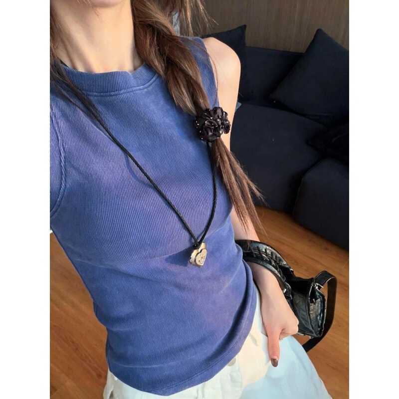 Retro Washed Blue Sleeveless Vest for Women, Summer Slim Fit, Round Neck, Versatile Inner Top
