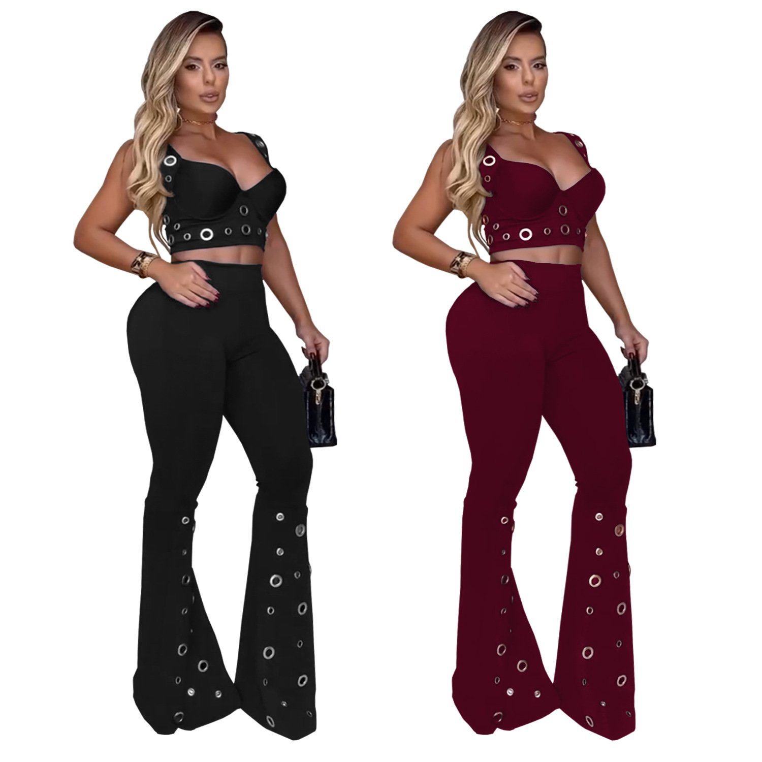 C7451 Cross-border AliExpress Amazon Moda europea y americana Ropa de mujer Temperamento Sexy Top Pantalones anchos Traje de dos piezas image 6