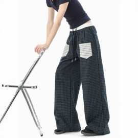 美式复古贴布口袋格子裤男女夏季直筒宽松运动慵懒风情侣休闲长裤