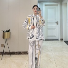 跨境高端法式老钱风H家绳结绸缎长袖衬衫阔腿裤春秋气质时尚套装