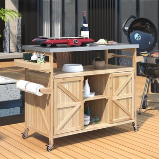 Solid Wood Hand-Pushed Dining Cart Outdoor Movable Multi-Functional Dining Cart Storage Cabinet Home Garden Party Dining Cart