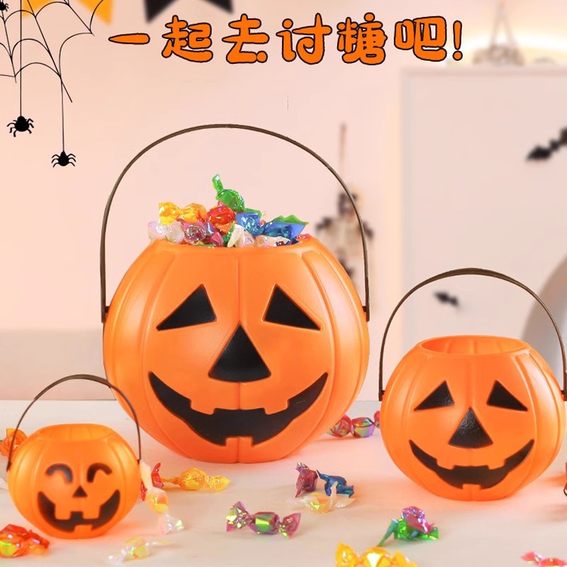 Lámpara de calabaza de Halloween barril de dulces portátil para niños canas de azúcar decoración de jardín de infantes accesorios linterna luminosa