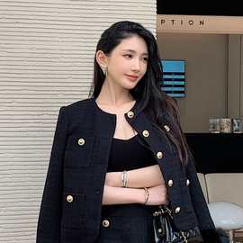 黑色毛呢长袖圆领上衣外套高腰小短裙子时尚两件套装 这里是外套