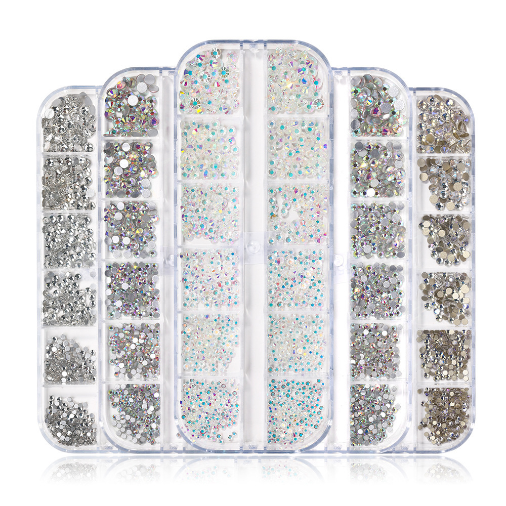 Joyas de uñas, diamantes planos, decoración de uñas, diamantes de imitación de fondo plano, 12 cuadrados, diamantes blancos, diamantes AB, diamantes, joyas de uñas mixtas de color