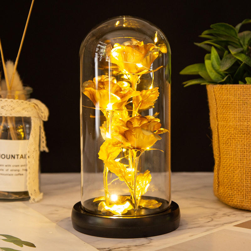 Tres cubierta de vidrio lámina oro rosa decoración amante creativo regalo del Día La Madre Flor Eterna LED luz noche Al Por Mayor