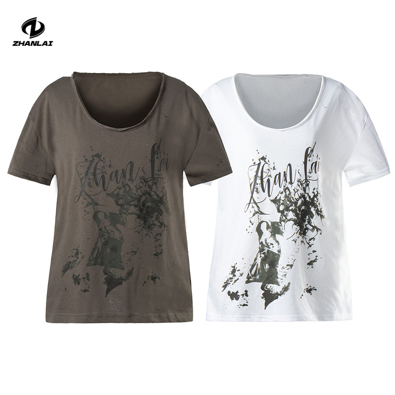 Zhanlai American Retro Distressed Wide-Collar Short-Sleeve T-Shirt, New Summer Style, Wasteland-Style Print, U-Neck Loose Top