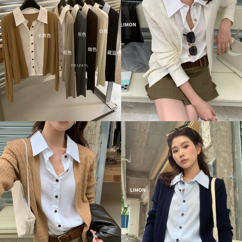 Lemon Green Tea Old Money Style Elegant Faux Two-Piece Shirt with Cable Knit Cardigan MZ-001 Lemon Green Tea Old Money Style Elegant Faux Two-Piece Shirt with Cable Knit Cardigan MZ-001