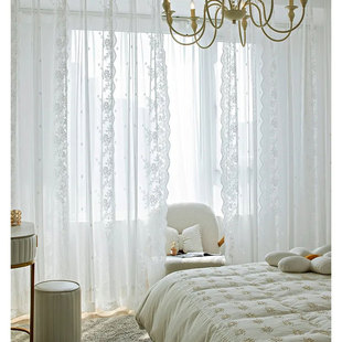 French-Style Light Luxury Lace Sheer Curtain for Bedroom, Living Room, Balcony, Ins-Style White Sheer Partition Curtain, Study Floor-To-Ceiling Versatile Window Sheer