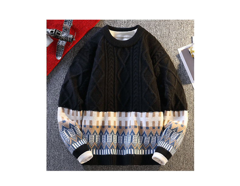 Herren-Langarm-Strickpullover, lässig, locker geschnitten, Rundhalsausschnitt, Polyester-Kaninchenwollmischung, Herbst-Winter-Mode mit Emblem-Design_voghion.com