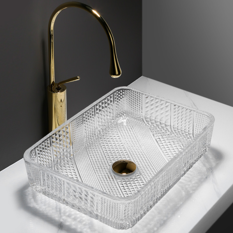 Light Luxury Round Glass Counter Basin Wash Basin Household Bathroom Rectangular Washbasin Small Size Counter Basin Wash Basin