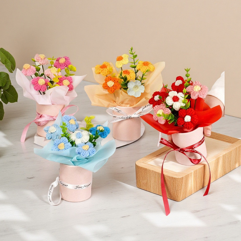 Cross-Border Handicraft Knitted Puff Bouquet Sunflower Rose Wool Flower Artificial Flower Hug Bucket Ornament Gift