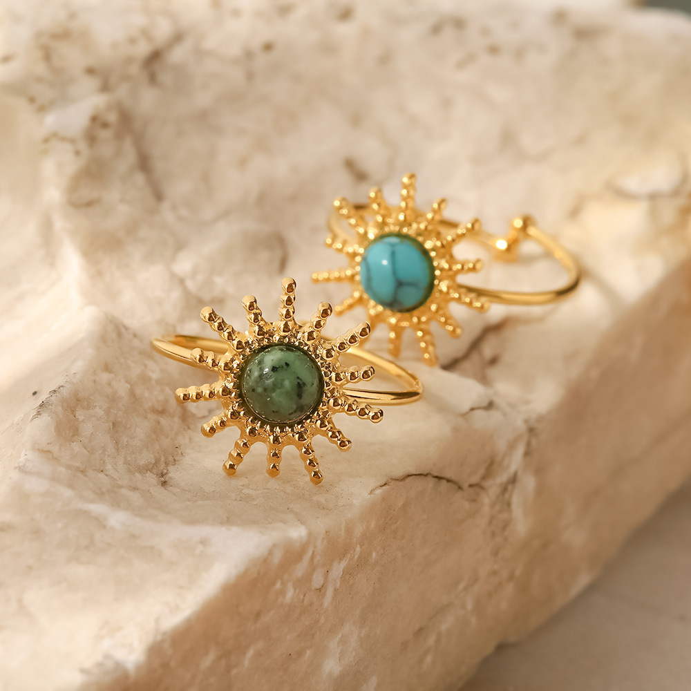 INS francés nuevo anillo de acero de titanio sol forma incrustaciones de turquesa africana/turquesa anillo abierto joyería femenina