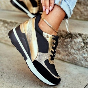 Foreign Trade 2025 Autumn and Winter New Thick-Soled Women's Shoes Color Matching Spring Flats Casual Shoes Sequined Wedge Breathable Sports Shoes
