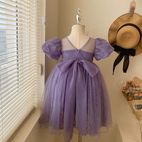 77132 Girls short-sleeved dress summer new children's mesh princess dress small and medium-sized children's bow dress