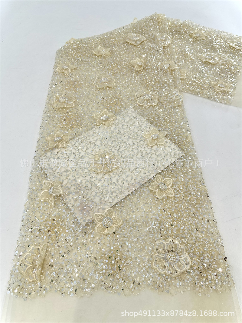 Moda full sequinilla tubo de perlas bordado tela de encaje estereoscópico mano calcomanías tela de vestido de boda alta fijación