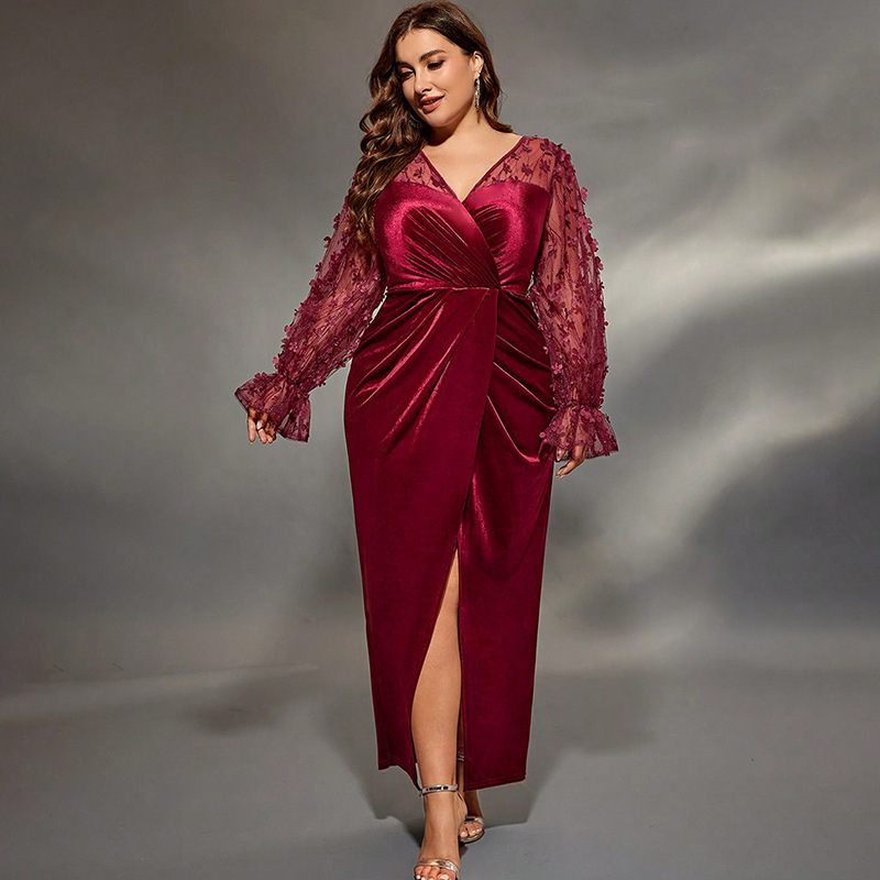 Elegant Socialite Style Dress with Layered Patchwork, Distinctive Lantern Sleeves, Slim Fit, Hip-Hugging Evening Gown, Floor-Length Dress Elegant Socialite Style Dress with Layered Patchwork, Distinctive Lantern Sleeves, Slim Fit, Hip-Hugging Evening Gown, Floor-Length Dress