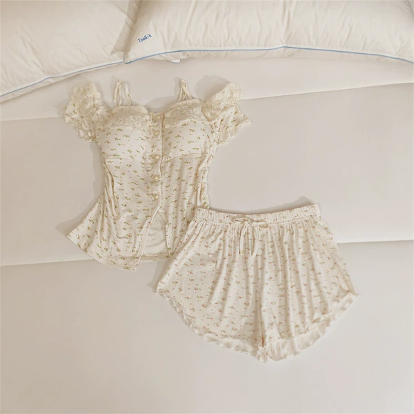 Detachable breast pads, shorts, floral print, with short sleeve