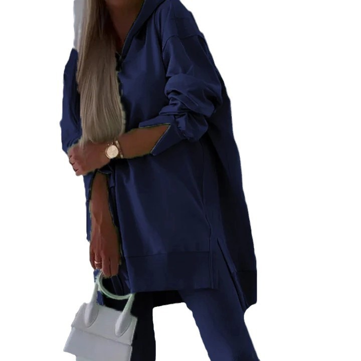 European American Cross-border Women's Sporty Casual Two-piece Set: Slit Solid Color Hooded Sweatshirt And Leggings_ecoleips.com
