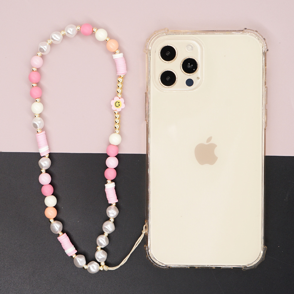 European And American Bohemian Style 8mm White Imitation Pearl 8mm Acrylic Round Beads Anti-lost Wrist Lanyard Mobile Phone Charm Women display picture 2