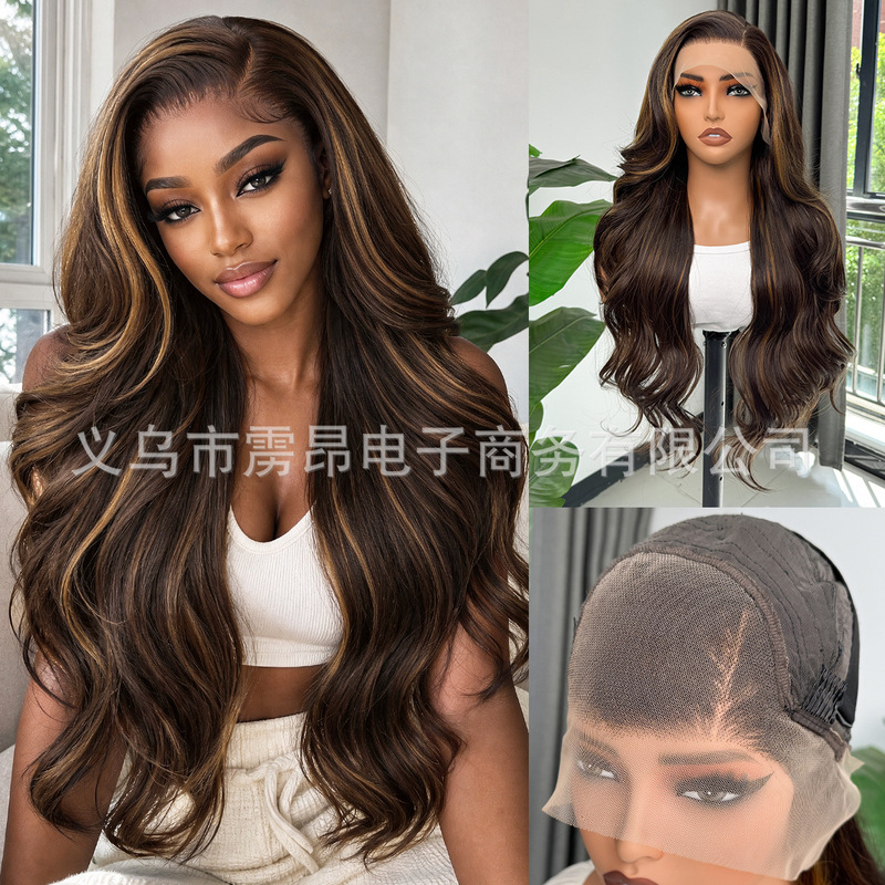 13X4 European and American cross-border wig with high-temperature fiber highlights, deep wave lace front wig for women, full head cover 13X4 European and American cross-border wig with high-temperature fiber highlights, deep wave lace front wig for women, full head cover