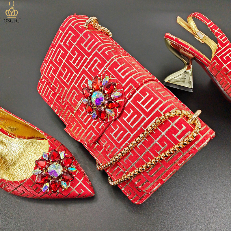 Irregular-Shaped Heel Pointed-Toe Back-Strap Women's Shoes with Matching Gold-Stamped Chain Clutch Bag African Shoe and Bag Set Cross-Border Supply