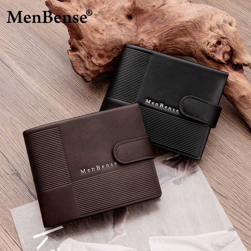 Temporal hebilla textura de cuero horizontal cartera de hombre de negocios corta línea oscura artesanía de tres plegadas cartera de bisagra de hombre