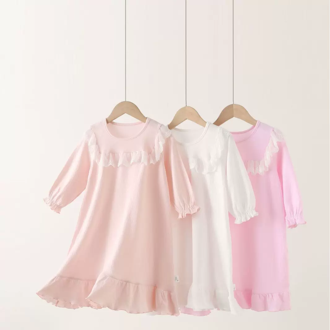 24年秋冬新款加厚波浪长袖女童连衣裙睡裙女加底边花边睡裙荷叶边