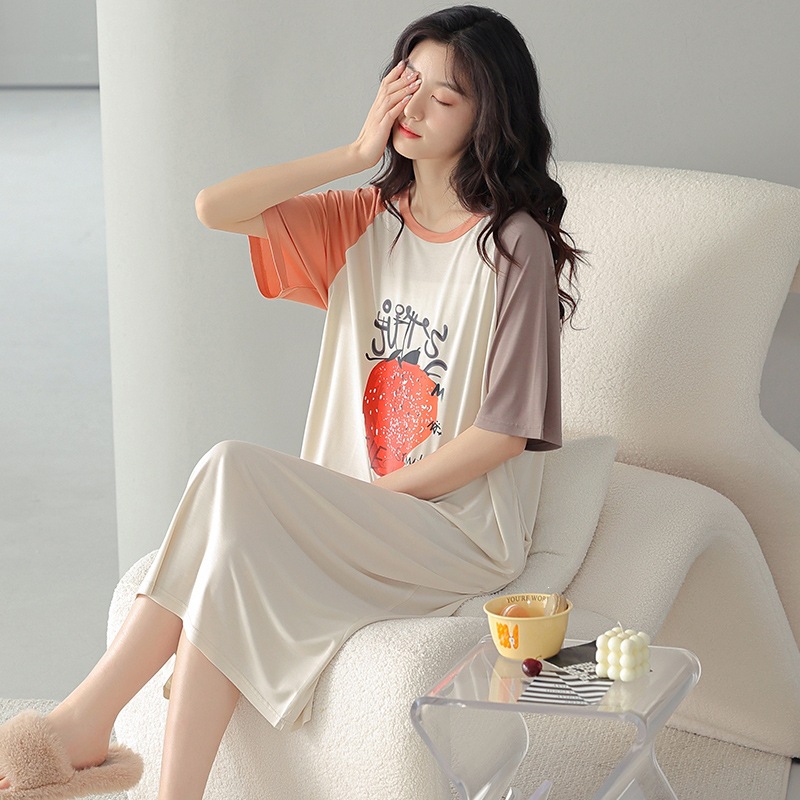 Women's cotton silk nightgown with chest pads, loose fit, can be worn outside, comfortable, breathable, skin-friendly, soft, fashionable, casual, and airy for summer