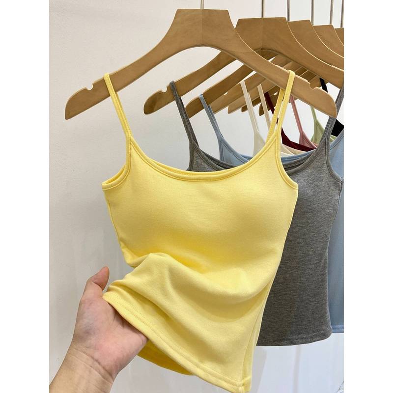 Bright Yellow Camisole Women's Summer One-piece Hot Girl Sleeveless Top with Chest Pad Slim-fit Short Beautiful Back