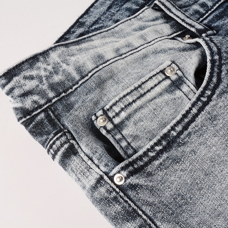 Vêtements pour hommes dans le même style moustaches de chat froissées patchwork noir trous en cuir élastique slim fit jeans skinny jeans_voghion.com