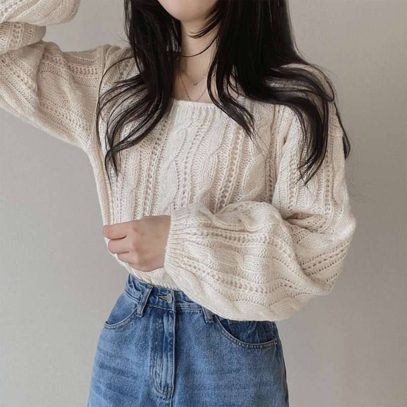 麻花短款毛衣女2025韩版秋冬新款慵懒风纯色灯笼袖方领套头针织衫|undefined