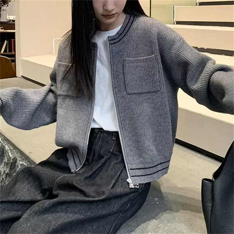 慵懒 撞色圆领针织拉链开衫小众设计感 韩系复古宽松毛衣女装外套