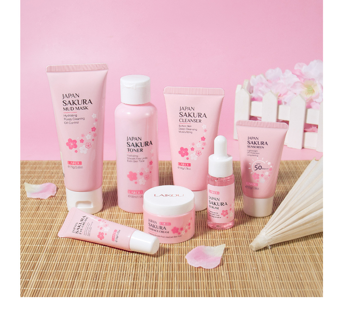 Cross-border Facial Cleanser Laicome Japanese Sakura Skincare 7-piece Set, mud Mask surface care set box manufacturer wholesale undefined