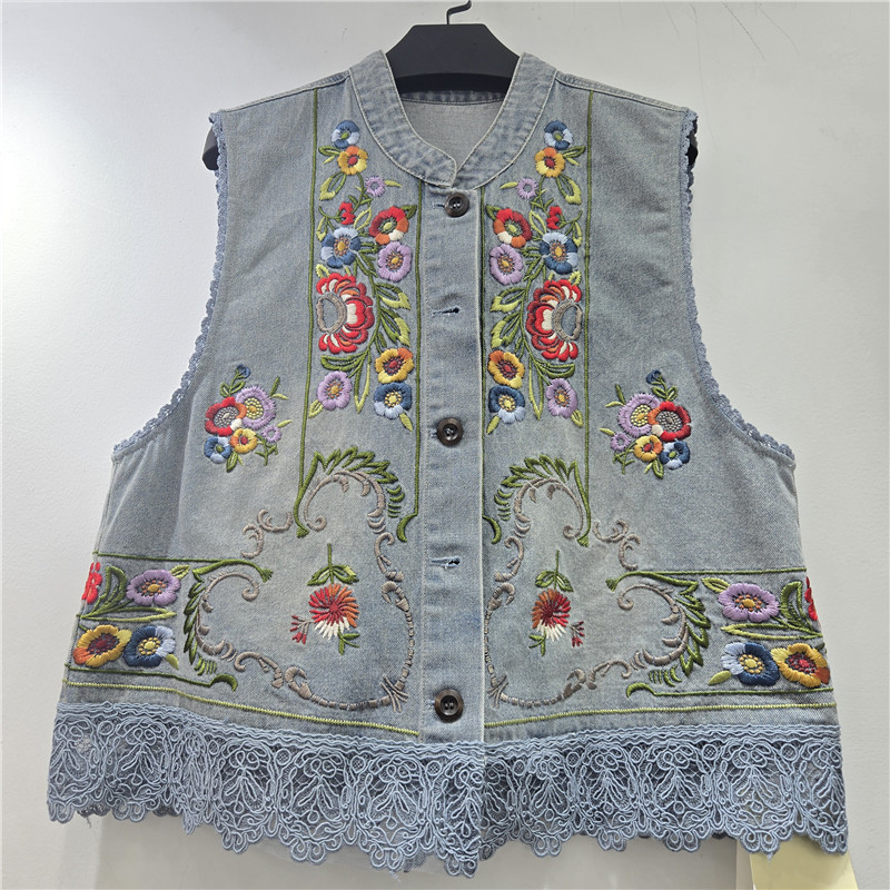 Estación europea 2026 primavera nuevo estilo retro cuello de pie industria pesada bordado chaleco de vaqueros mujer moda universal hombro