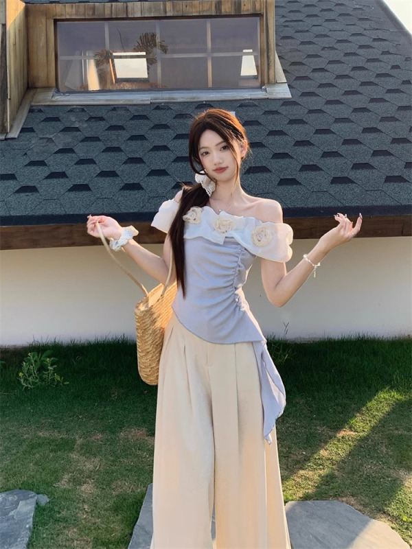 纯欲风套装女夏日新款温柔不规则一字肩花朵飘带上衣阔腿裤两件套|undefined