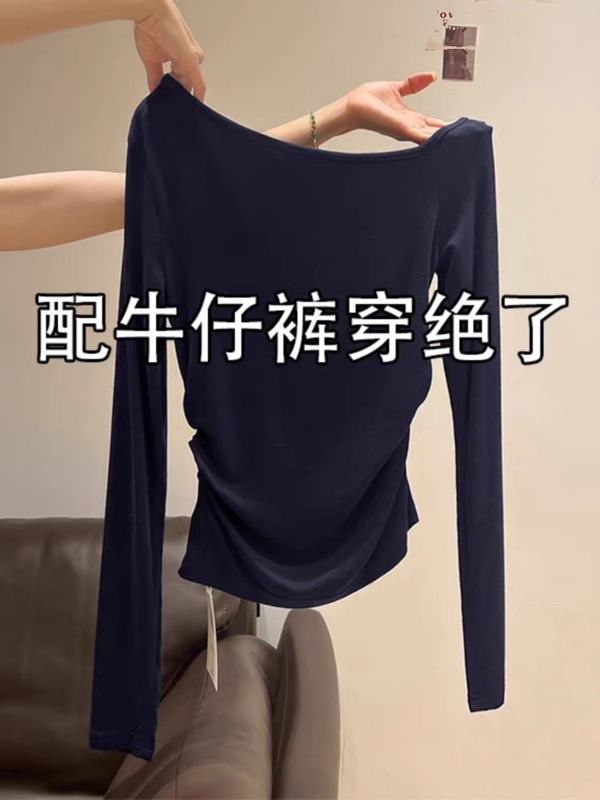 藏蓝色斜肩露肩长袖t恤女2025秋季褶皱小众设计感内搭打底衫上衣|undefined