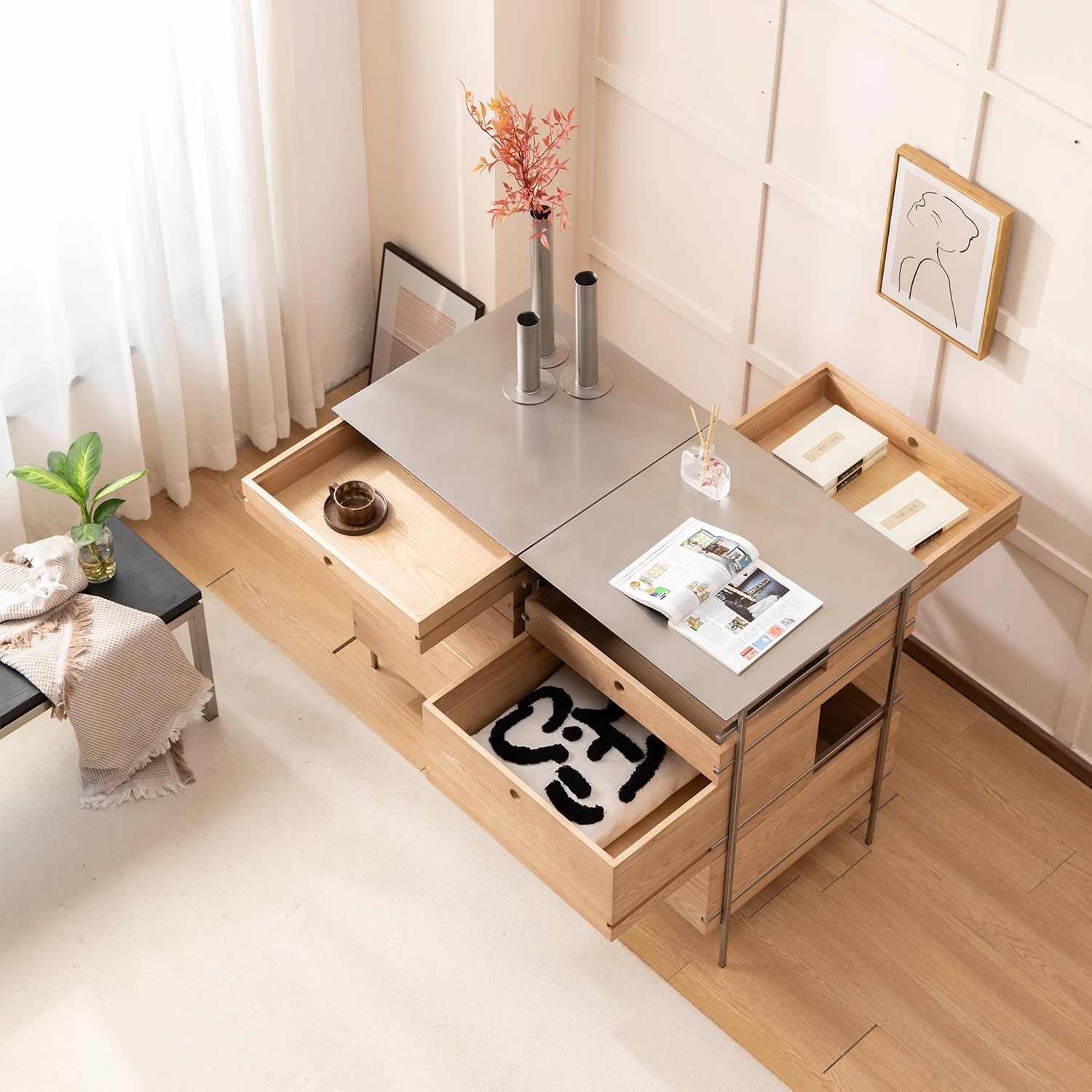 Cajón de roble nórdico, gabinete de comedor, gabinete de almacenamiento, cajón, gabinete multifuncional de acero inoxidable minimalista de madera maciza, simple y moderno