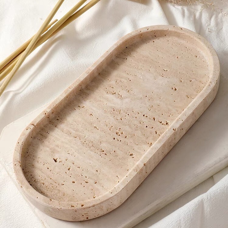 Oval Wabi-Sabi Style Natural Travertine Tray Model Room Hotel Marble Storage Tray Light Luxury Home Decoration Oval Wabi-Sabi Style Natural Travertine Tray Model Room Hotel Marble Storage Tray Light Luxury Home Decoration