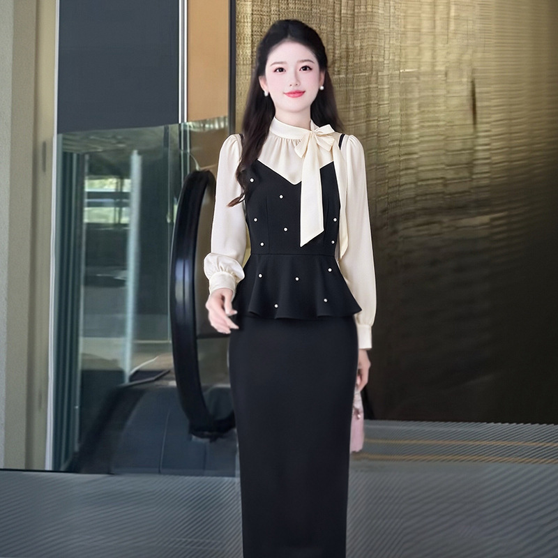 2026 Spring New Commuter Style Elegant Long Sleeve Patchwork Dress for Women, Loose Tie-Neck Long Sleeve Elegant Long Dress