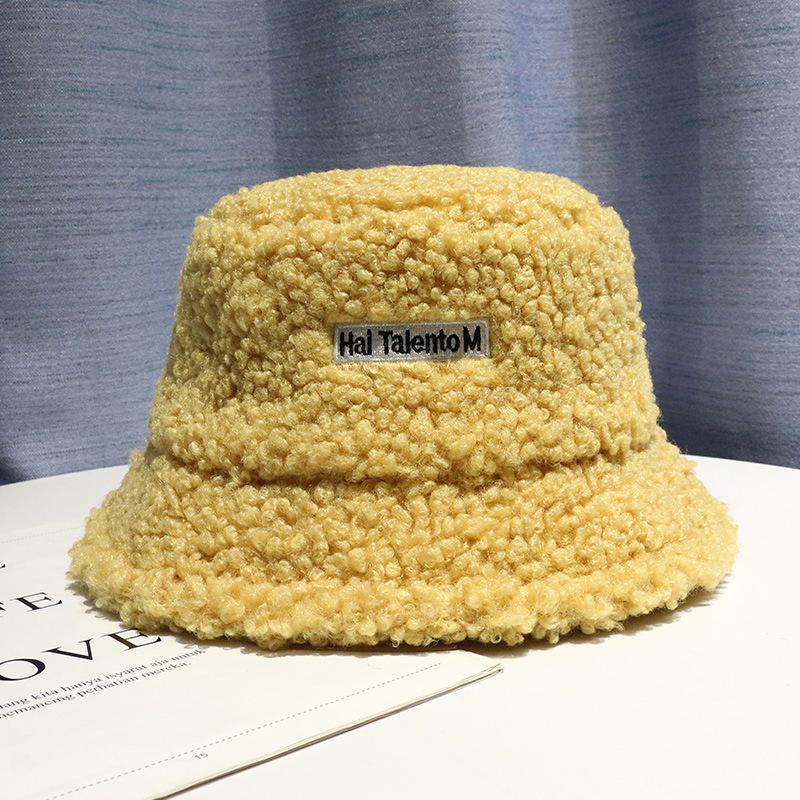 Sombrero de mujer nuevo sombrero de pescador de lana de cordero de todo fósforo Otoño e Invierno cara redonda adelgazamiento celebridad mismo estilo sombrero de Cuenca de estilo japonés sombrero de protección auditiva