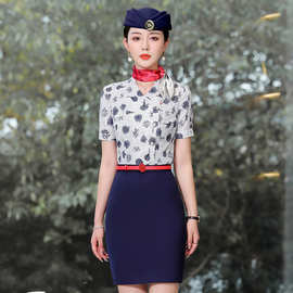 高端空姐职业装套装短袖职业青花瓷气质优雅衬衣酒店前台工作服