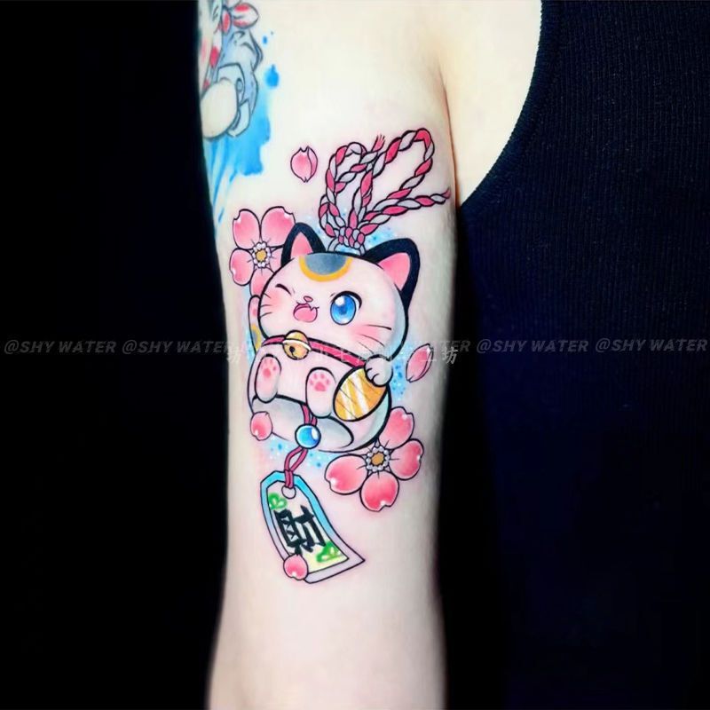 Cherry Blossom Lucky Cat Colorful Tattoo Stickers Cartoon Cute Ins Style Waterproof Long-Lasting Arm Simulation for Girls Scar Cover Cool