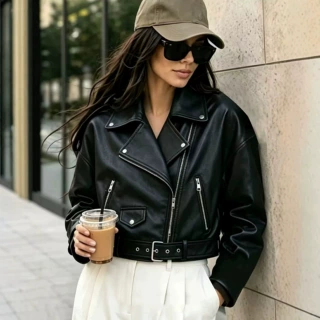 欧美复古翻领短款机车皮衣女2026新款显瘦百搭PU皮夹克外套跨境