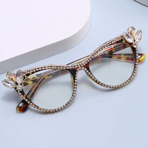 Cat Eye Blue Light Blocking Glasses Frame Cross-border Exclusive Hand-set Diamond Plain Glasses European and American Personality Trend Selfie Decorative Glasses